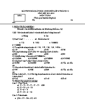 Đề thi khảo sát học sinh giỏi Tháng 12 môn Toán Lớp 4 - Năm học 2014-2015